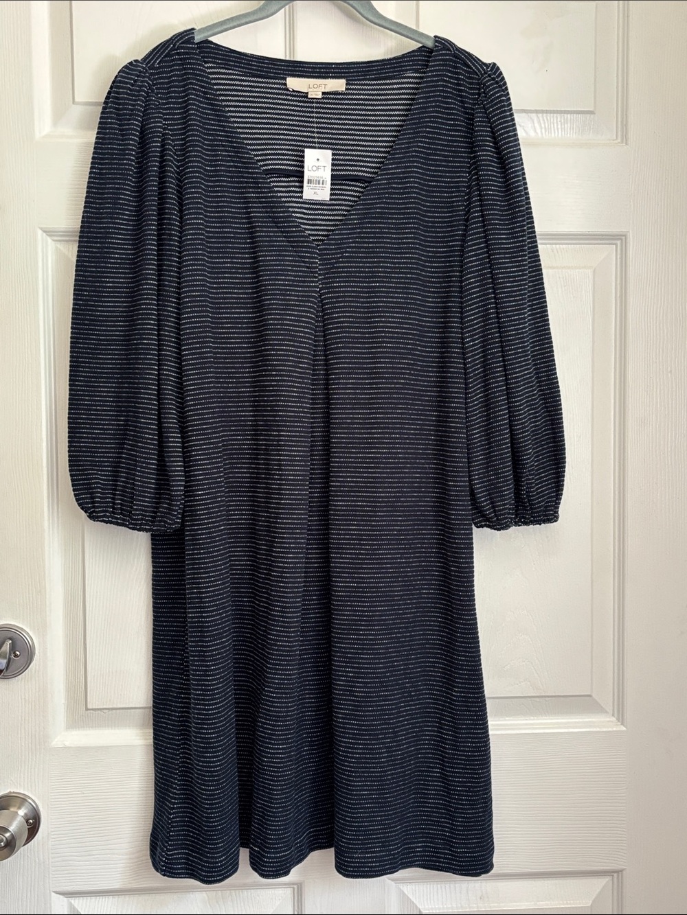 LOFT Navy and White Striped Midi Dress